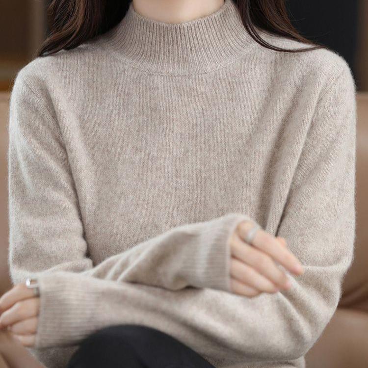 Half High Neck Sweater for Women Casual Pullover for Autumn and Winter Solid Color Loose Long Sleeved Knitted Sweater