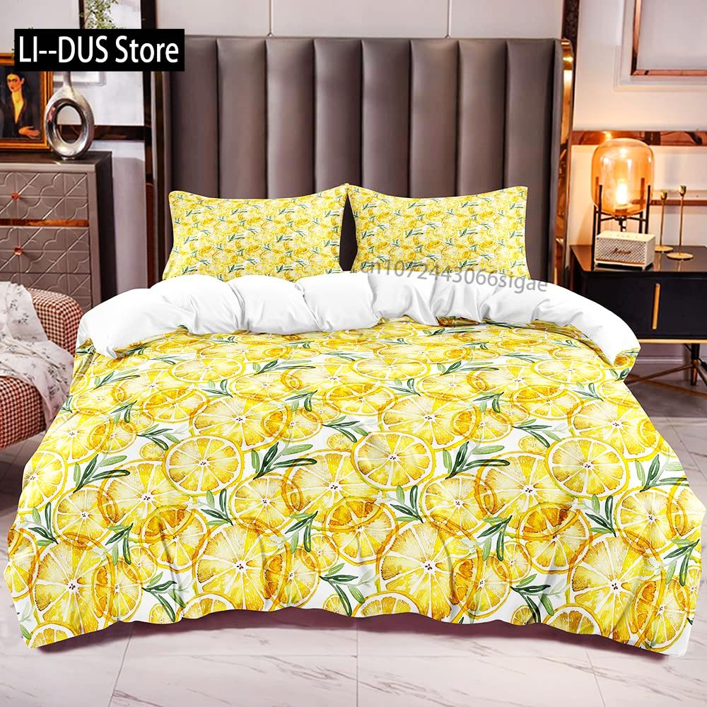 Nature Bedspread Lemon Tree Branches Gardening Design Decorative Quilted 3 Piece Coverlet Set with 2 Pillow Shams Full Size