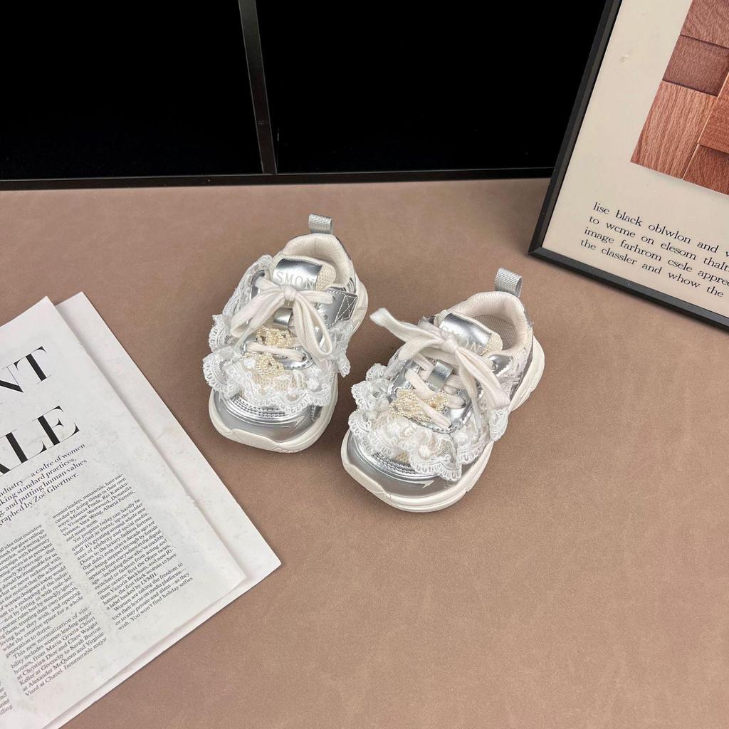 Girls' Lightweight Rhinestone Lace Sneakers - 2026 Spring/Autumn Fashion Versatile Student Sports Shoes