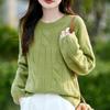 Women's 100% Wool Cable Knit Pullover - Round Neck, Long Sleeve, Solid Color, Loose Fit