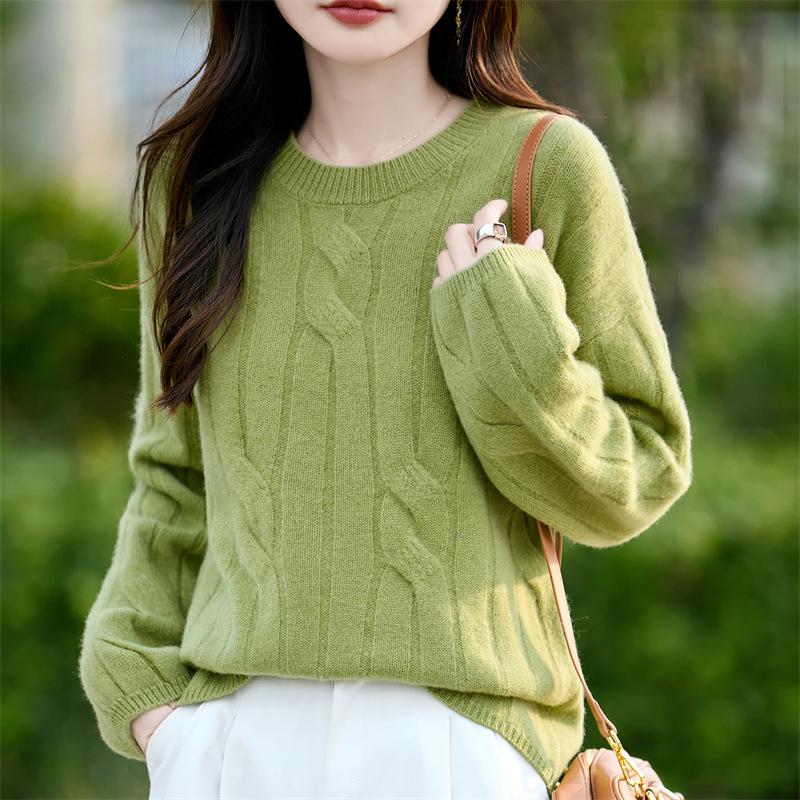 Women's 100% Wool Cable Knit Pullover - Round Neck, Long Sleeve, Solid Color, Loose Fit