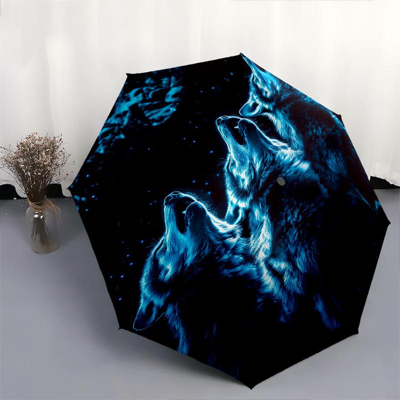 Wolf Pack Night Theme 8 Bone Hand Automatic Folding Fashion umbrella, Compact and Portable Design, A Perfect Gift for Birthday, Christmas or