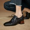 Fashion NEW Spring/Autumn Women Pumps Square Toe Chunky Heel Shoes Concise Genuine Leather Shoes for Women Lace-up Handmade Women Shoes