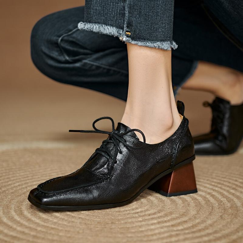Fashion NEW Spring/Autumn Women Pumps Square Toe Chunky Heel Shoes Concise Genuine Leather Shoes for Women Lace-up Handmade Women Shoes
