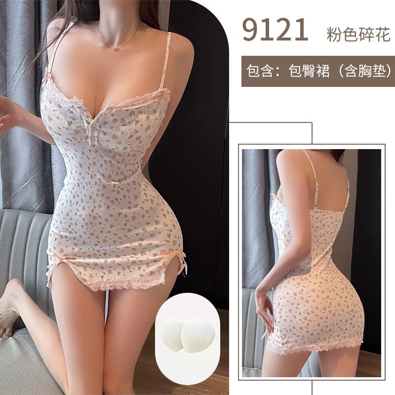 Sexy lingerie pure desire pink floral sexy sweet girl suspender deep V showing breasts
