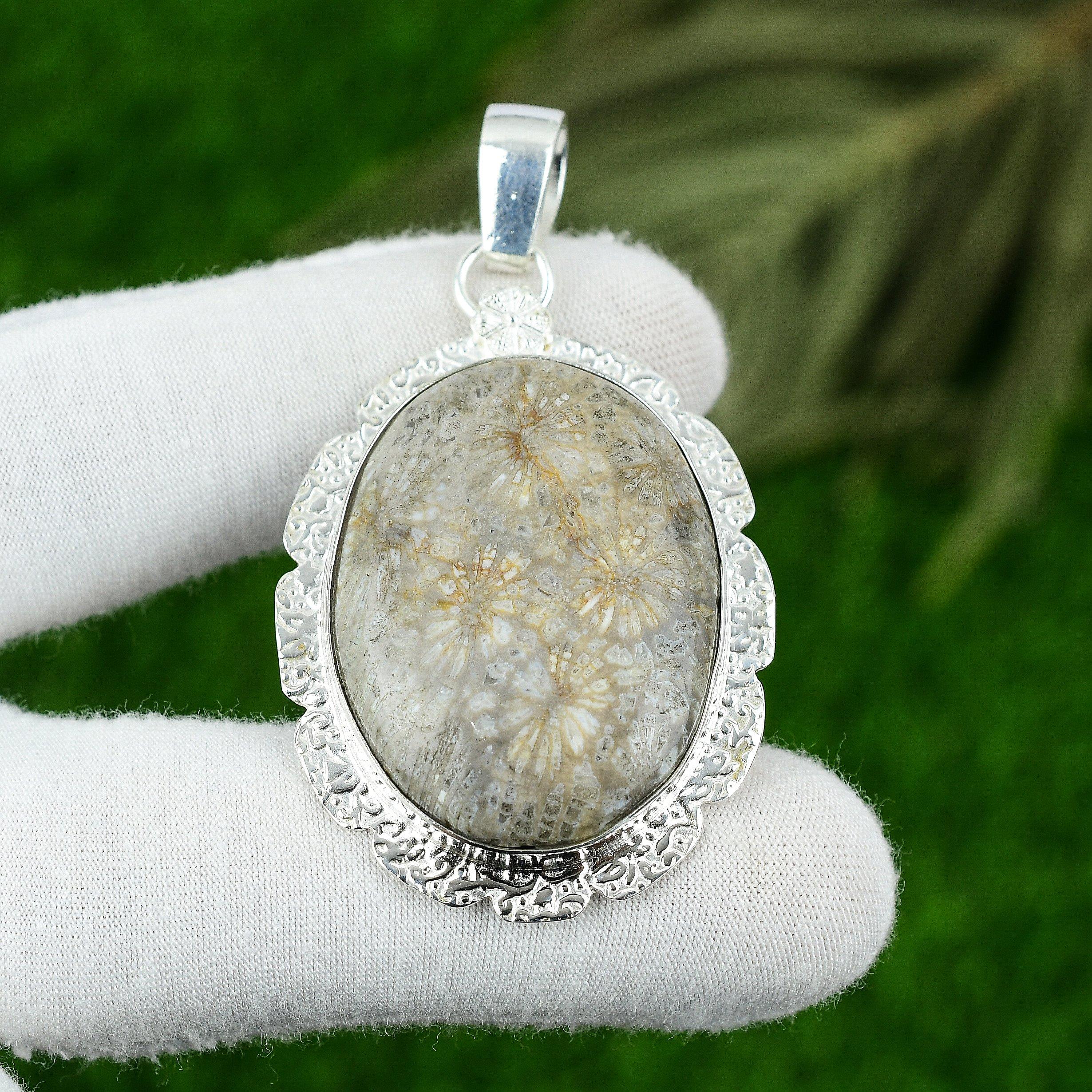 

Oval Natural Fossil Coral Artisan Bezel Boho Birthday Unique Pendant 925 Silver