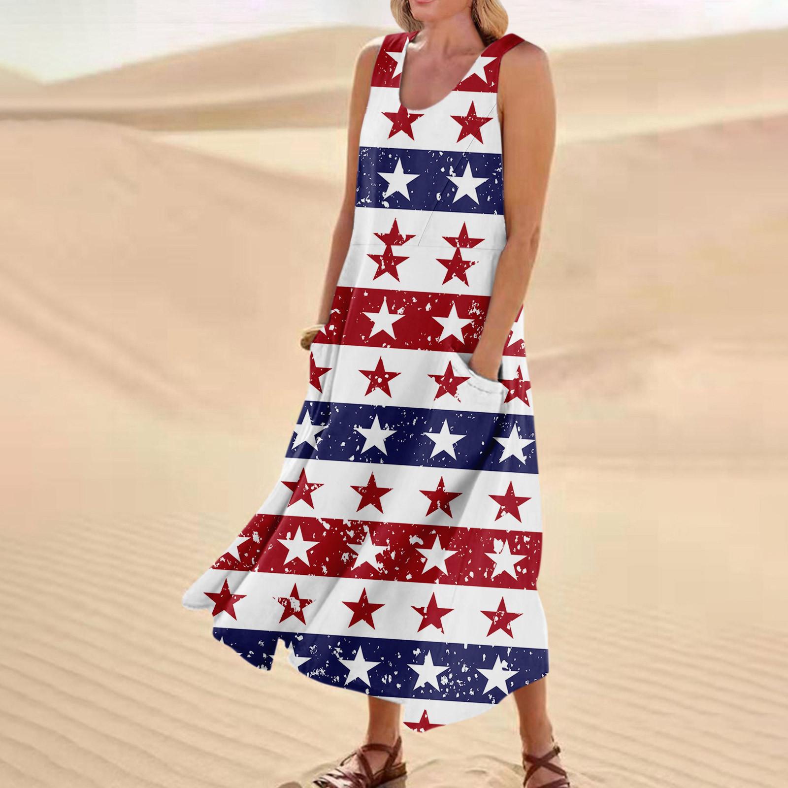 

Женское модное повседневное платье без рукавов с принтом «День независимости» из хлопка и льна с карманами S
