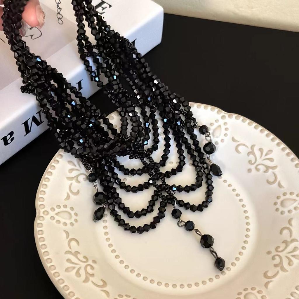 Japanese and Korean dark sweet cool wind gentle personality multi-layer woven imitation crystal rhinestone tassel sticker neck collarbone necklace