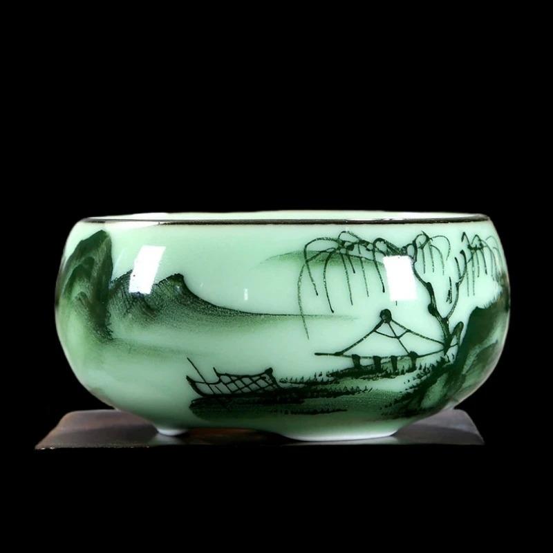 1PC Taza de Té Celadón Tradicional Pintada a Mano Paisaje Cerámica Loto Bambú Carpa Juego de Té Taza Maestra de Té China Doble-pez