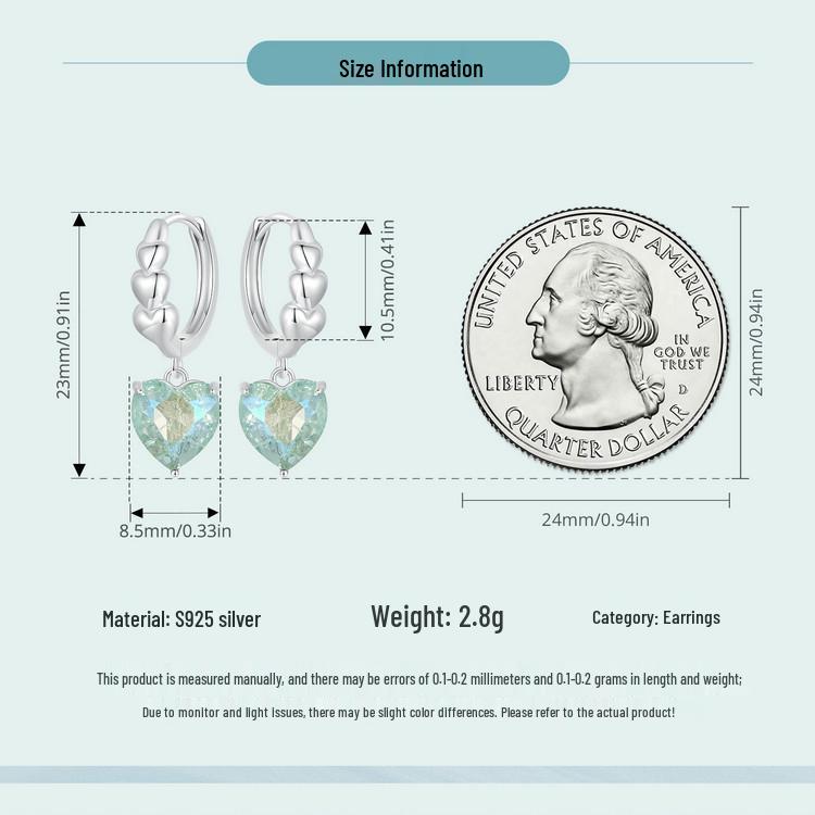 Avle Heart-Shaped Blue-Green Zircon Earrings In S925 Sterling Silver for Women
