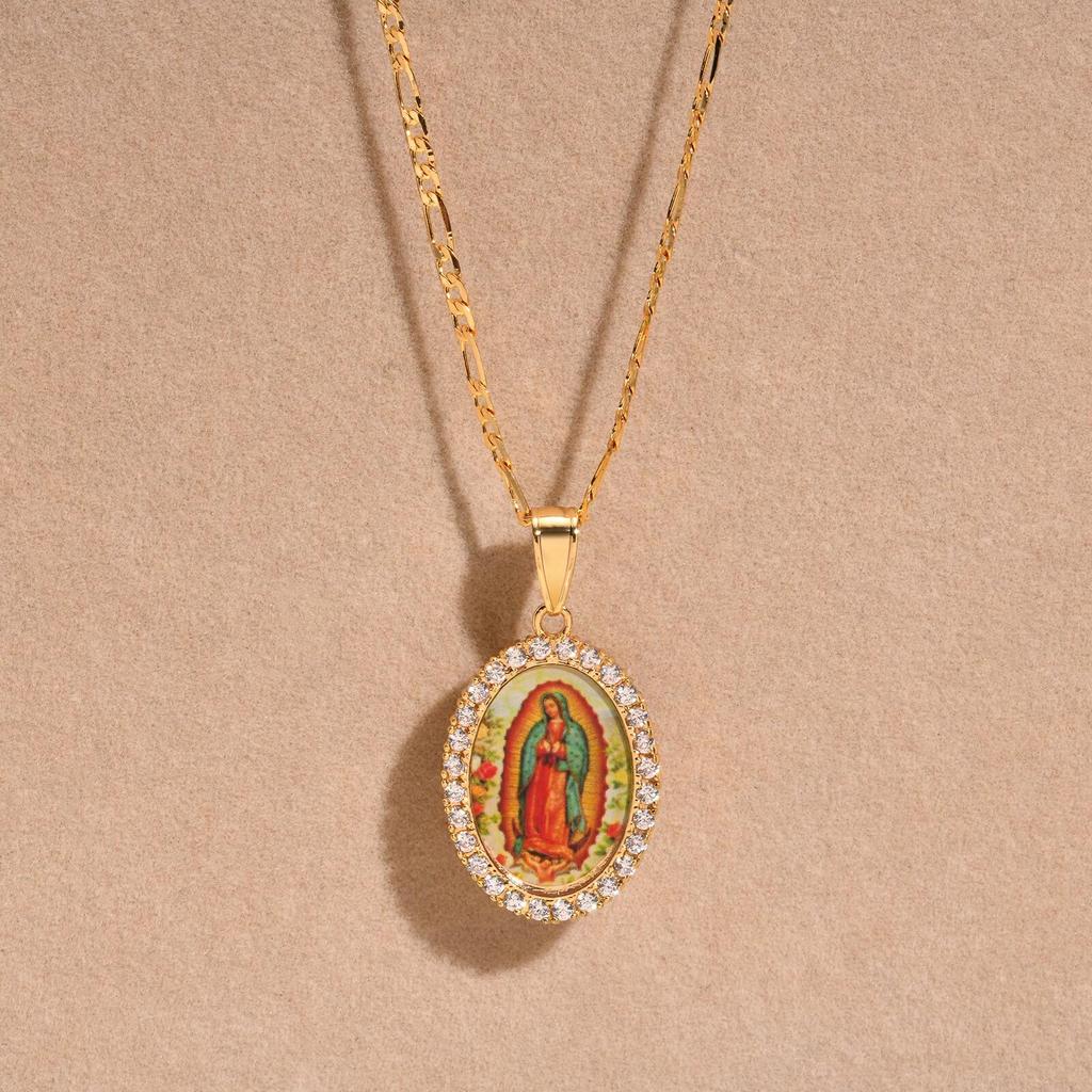 Vnox Dainty Virgin Mary Women Necklace Stainless Steel Chain Geometric Pendant Catholic Blessed Necklaces Religious Lucky Collar