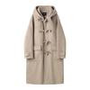 Men's College Style Woolen Coat: Horn Buckle, Hooded, Cotton-Padded, Thickened, Over-the-Knee, Trendy Mid-Length Jacket for Autumn and Winter.