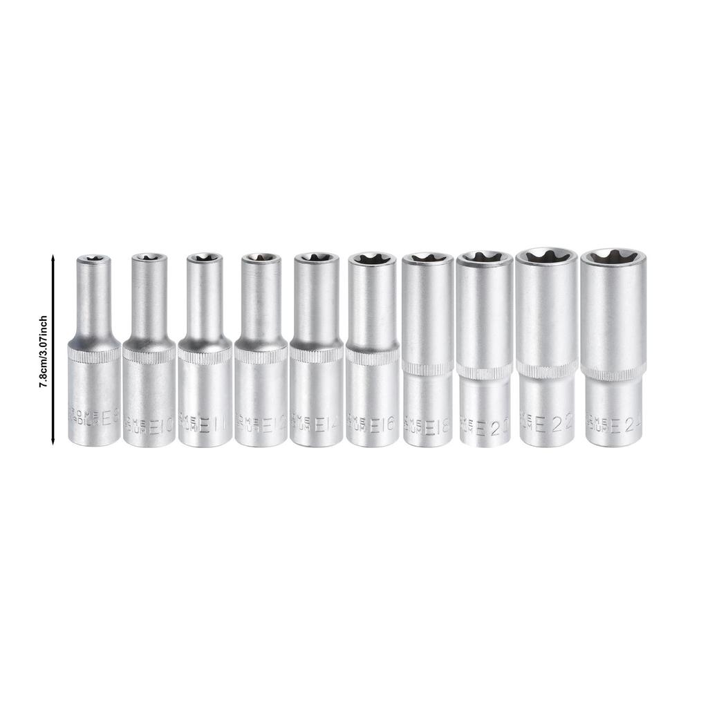 10-Piece 1/2" E8-E24 External Hex Long Deep Socket Wrench Set, CR-V Steel