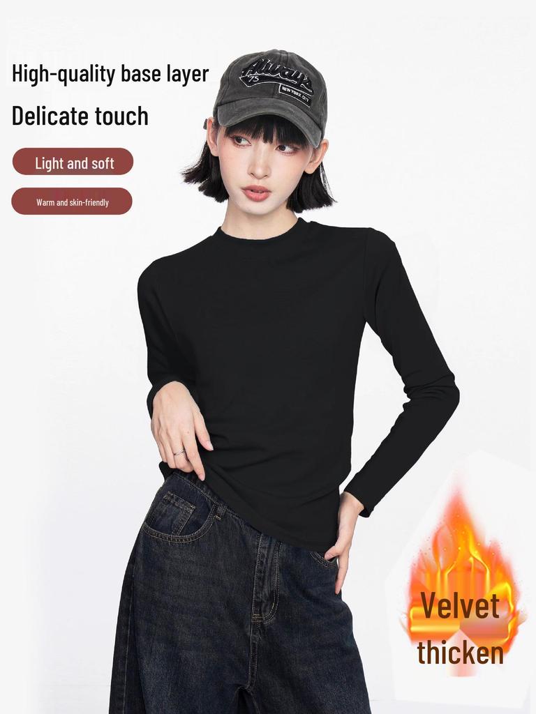 American-Style Women's White Round Neck Slim Fit Long Sleeve Base Layer Top for Spring/Autumn