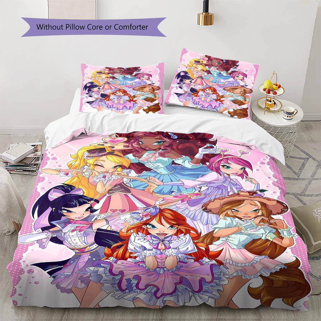 WonderfulPrecur,Winx Club Pattern Bedding,Quilt Set Quilt Cover Pillowcase Home Birthday Gift (1 * Duvet Cover + 2 * Pillowcase, Without Core)