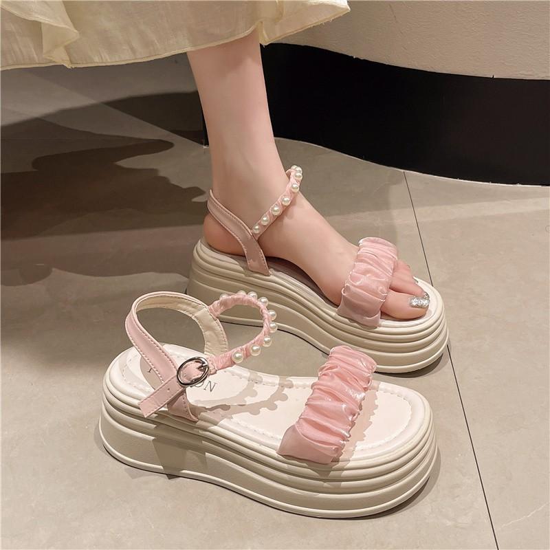 Fashion Sweet Pearl Platform Sandals Women's 2025 New Korean Version One-word Strap Flat Women's Shoes Comfortable Beach Shoes