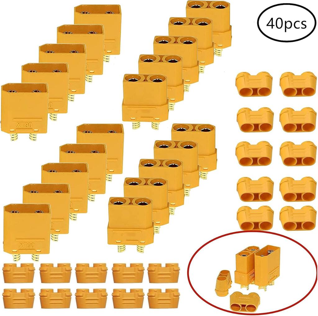 10 Pairs XT90H Male-Female Connectors with Wire Protector – 40A/90A Max – High Quality for RC Lipo Batteries – Yellow