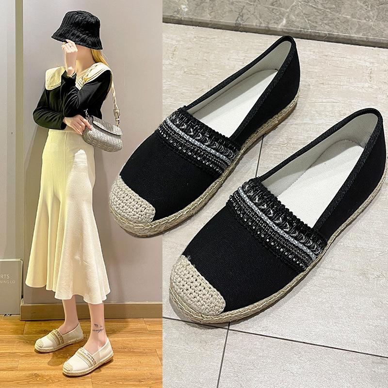 Xiaoxiangfeng fisherman shoes women's 2024 new one-pedal soft-soled single shoes linen woven thick-soled versatile autumn bean shoes