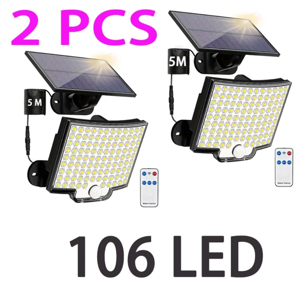 106LED Solar Outdoor Lights Motion Sensor Remote Wall Flood Lamp Security Waterproof Patio Garden Garage Fence Pathway Lighting