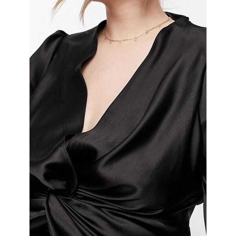 Foreign Trade Order 2025 Summer Party into Pulp Satin Black Royal Sister Fan Lantern Sleeve Deep V-neck Sexy Formal Dress Long dress