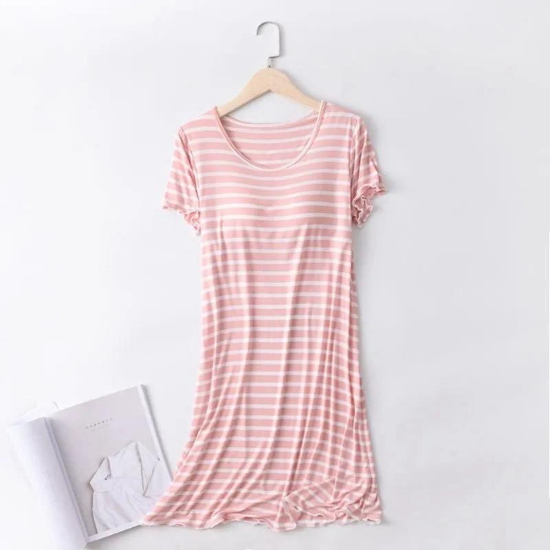 Women's Crew Neck Striped Free Bra Short Sleeve Pajamas Simple Nightdress Casual Loungewear