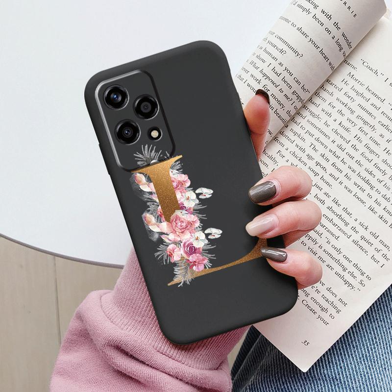 Gold Letter Case For Honor 200 Pro Lite Smart Black Shell Soft Cover For Honor 200Lite Protector Shockproof Funda Pink Flower