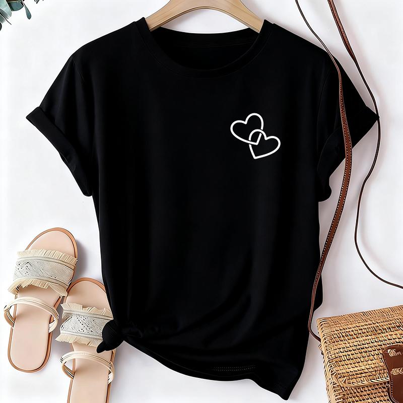 Women s Funny Two Heart Print Black T-Shirt Casual Crew Neck Short Sleeve Soft Comfortable Fashion Tee Daily Basic Casual Top S