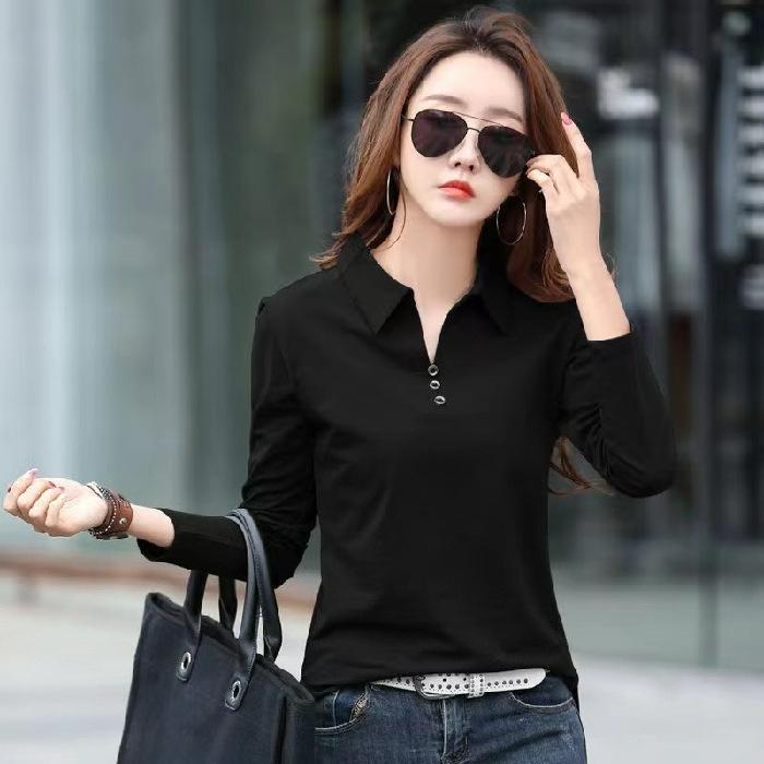 

Однотонная большого размера с длинным рукавом, воротник ПОЛО, облегающая, простая верхняя одежда, футболка, женская базовая рубашка, весна и лето S