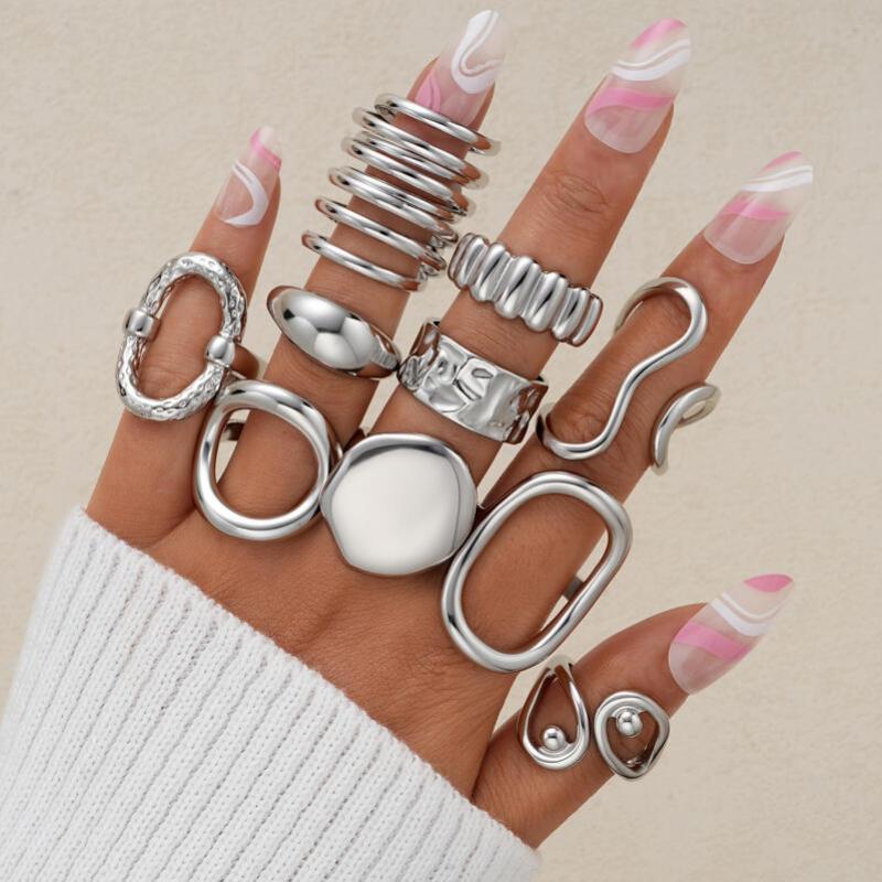 10Pcs/Sets Hiphop Irregular Hollow Arc-Shaped Rings for Women Men Punk Gothic Smooth Opening Rings Set Party Jewelry Accessories