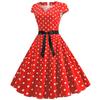 Retro Women's V Neck Short Sleeve Polka Dot Print Lace Up Waist Dress