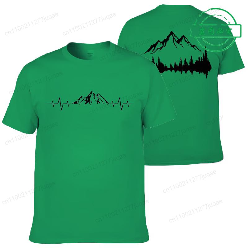 Summer Men's Clothing Casual Loose Tees Mountains and Trees Print Sports O Neck Short Sleeve T-shirt Mountains Heartbeat Tops