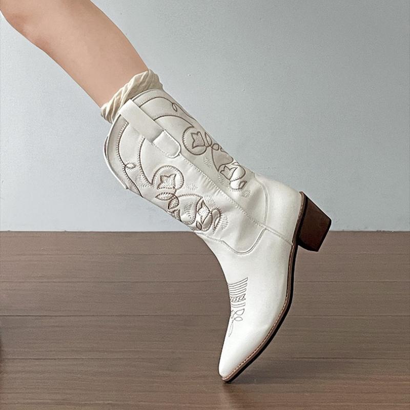 Vintage Thick Heel Women Western Cowboy Boots Fashion Slip On Shoes Embroidery Knight Mid Calf Botas Autumn Winter Women'S Shoes