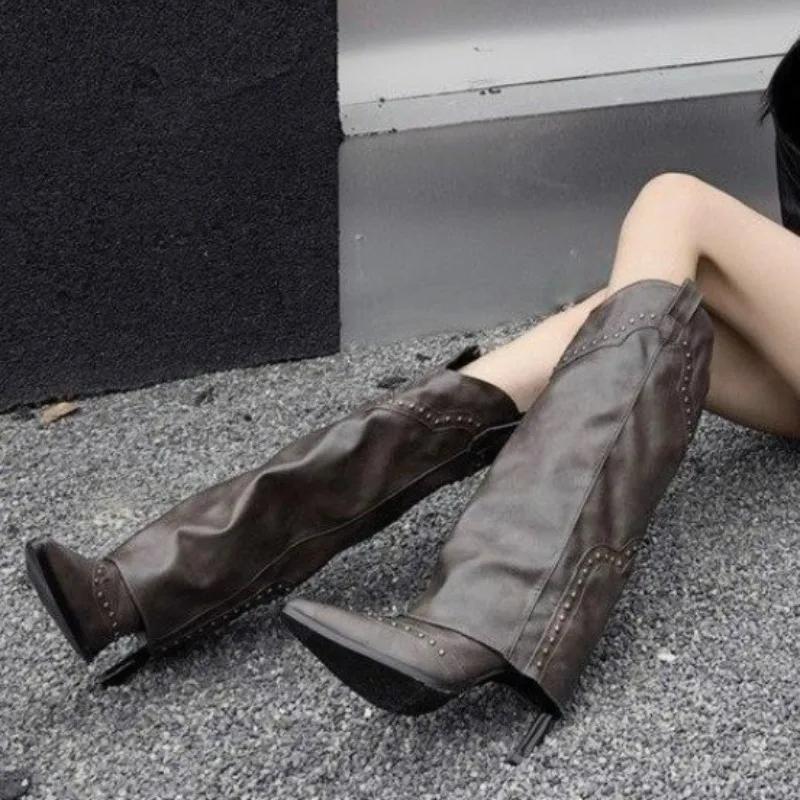 

2025 Новые винтажные ботфорты с шипами, новые с острым носком, на шпильке, с голенищем, противоскользящие, износостойкие, рыцарские ботильоны 34