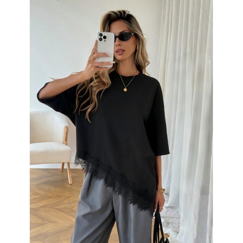Women's Summer T-Shirt with Asymmetrical Hem and Lace Accents