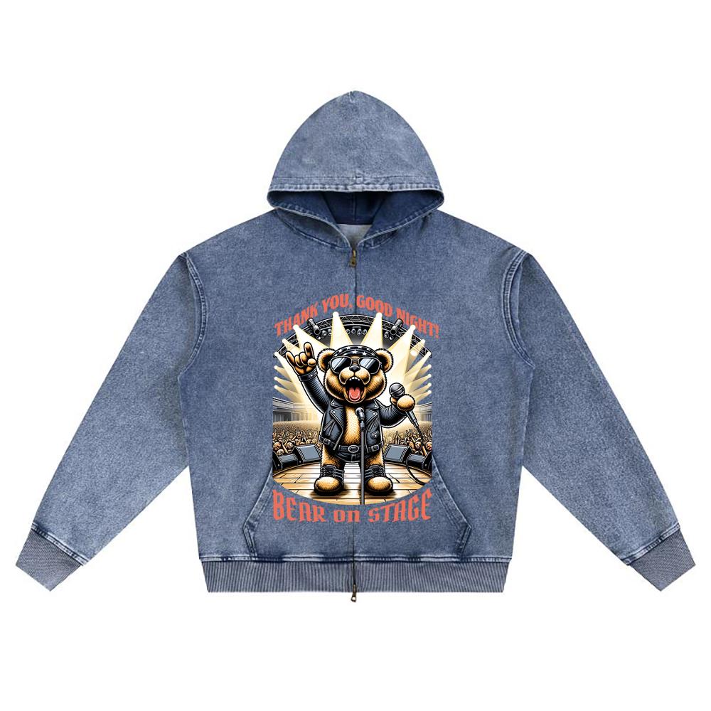 DTG Print Knitted Denim Zip-Up Hoodie Streatwear Brother Print Zipper Hoodies  