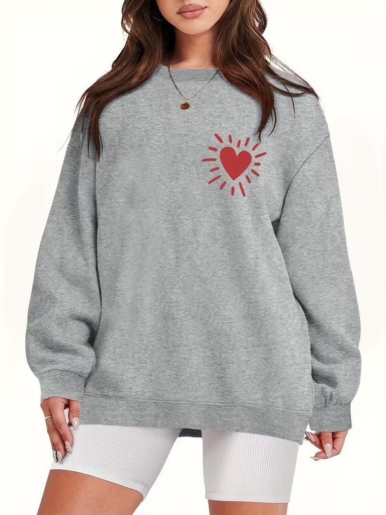 European & American Heart Print Round Neck Long Sleeve Women's Casual Velvet Hoodie - Loose Fit, Trendsetter Style.