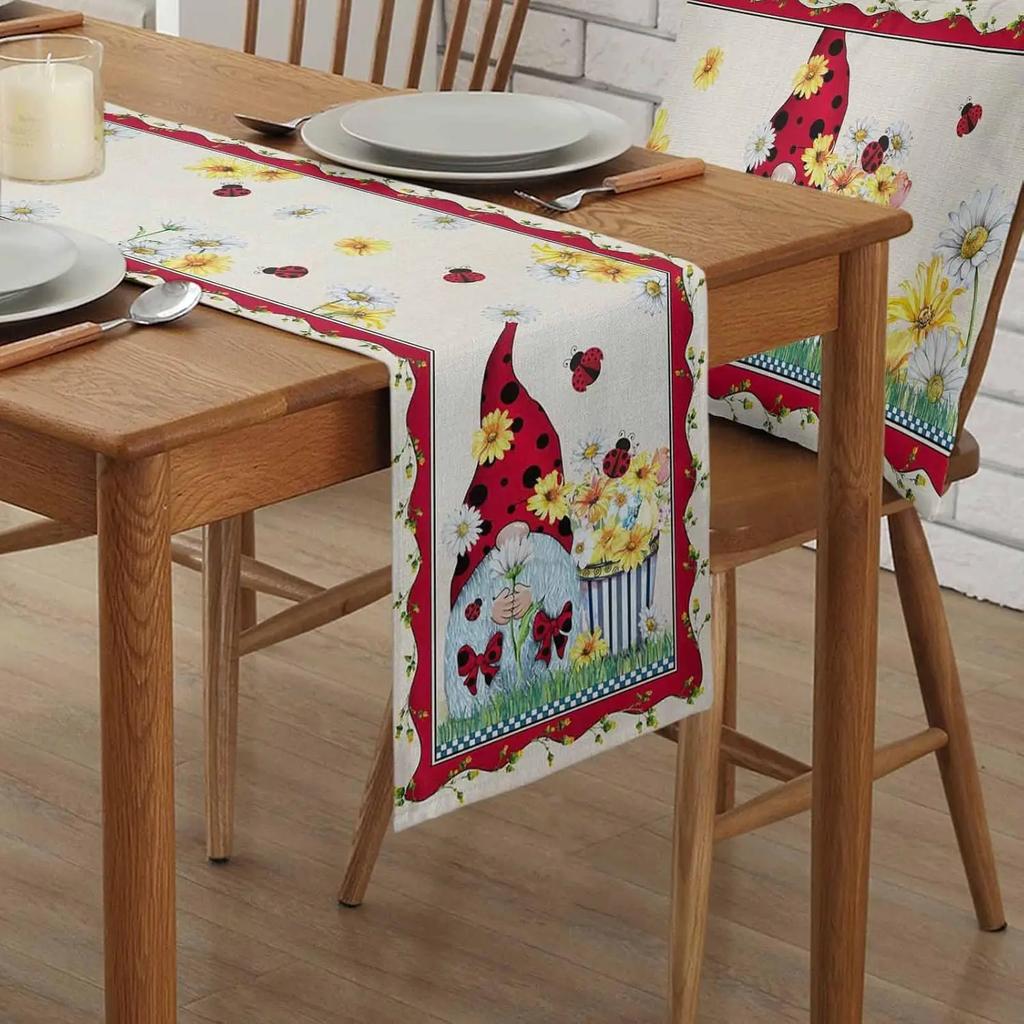 Spring Gnome Ladybird Flowers Linen Table Runner Dresser Scarves Table Decor Farmhouse Kitchen Dining Table Runner Party Decor