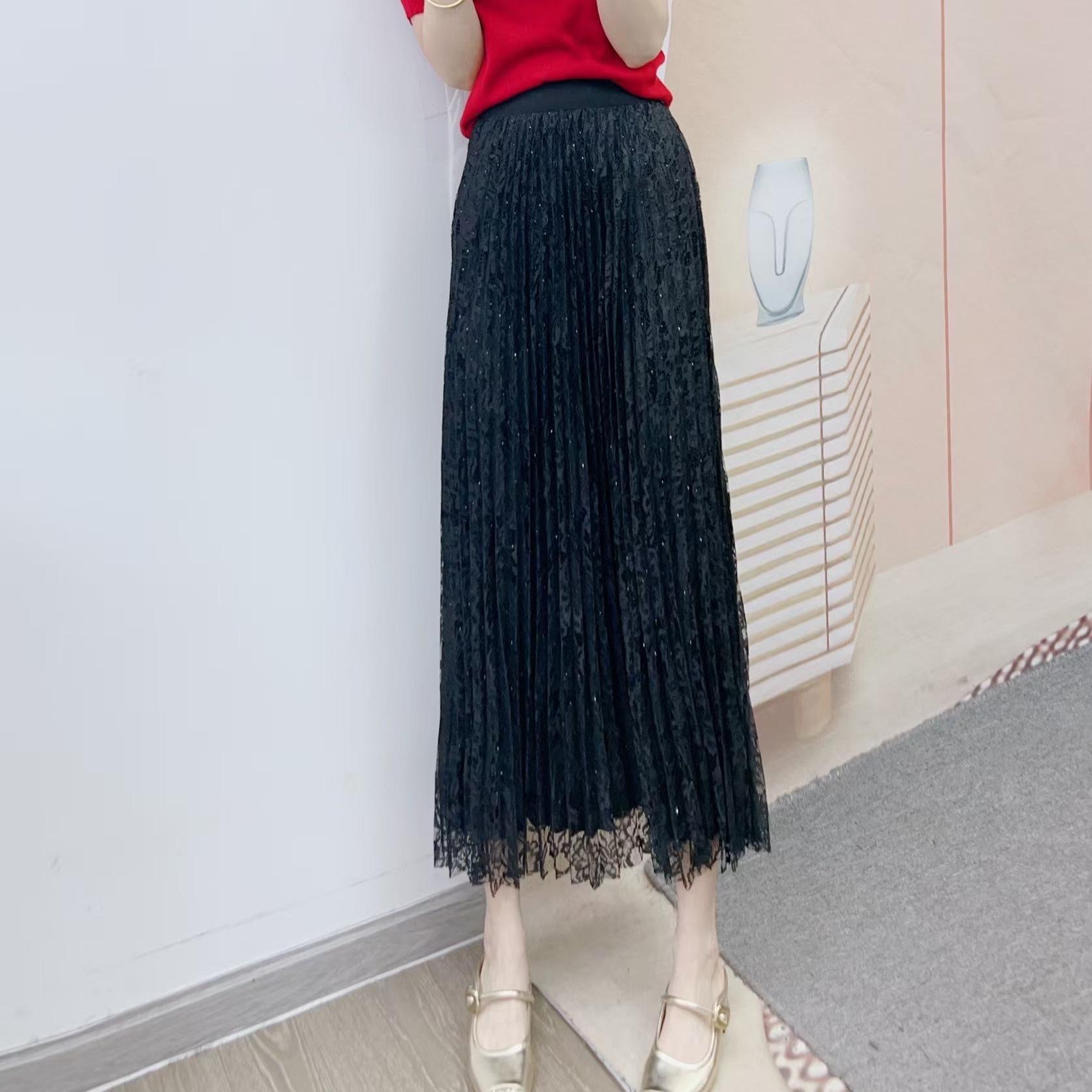 Spring 2026 Elegant High-Waisted Pleated Lace Skirt One Size (90-128 Jin) чёрный