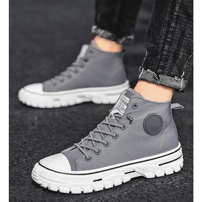 2025 New Men's Canvas Shoes Male High Top Casual Espadrilles British Style Gray Skateboarding Vulcanized Shoes Comfort Sneakers