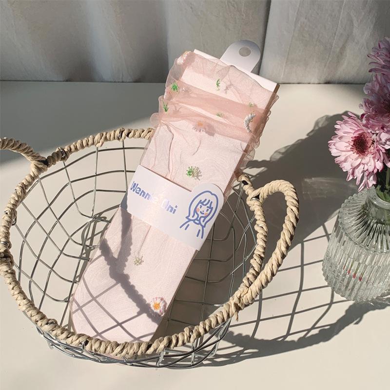 Mesh Socks Children'S Sweet And Fresh Little Daisy Girl Socks Summer Ultra-Thin Transparent Embroidered Tube Socks Stockings