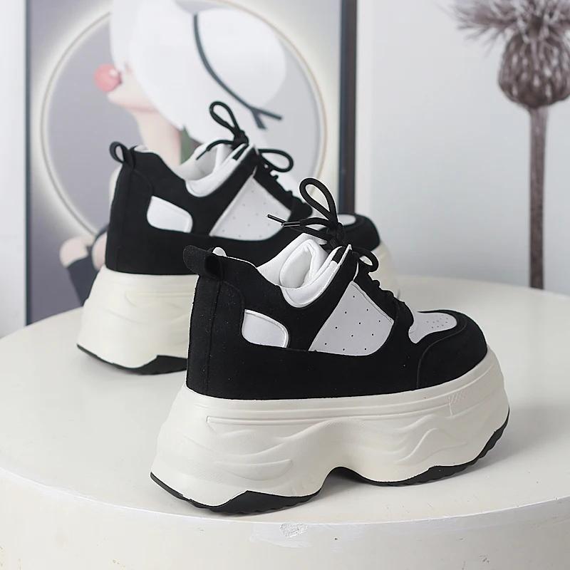 Fashion 12CM Microfiber Synthetic Leather Vulcanize Chunky Sneakers Platform Wedge Autumn Spring Ankle Booties Women Vulcanize