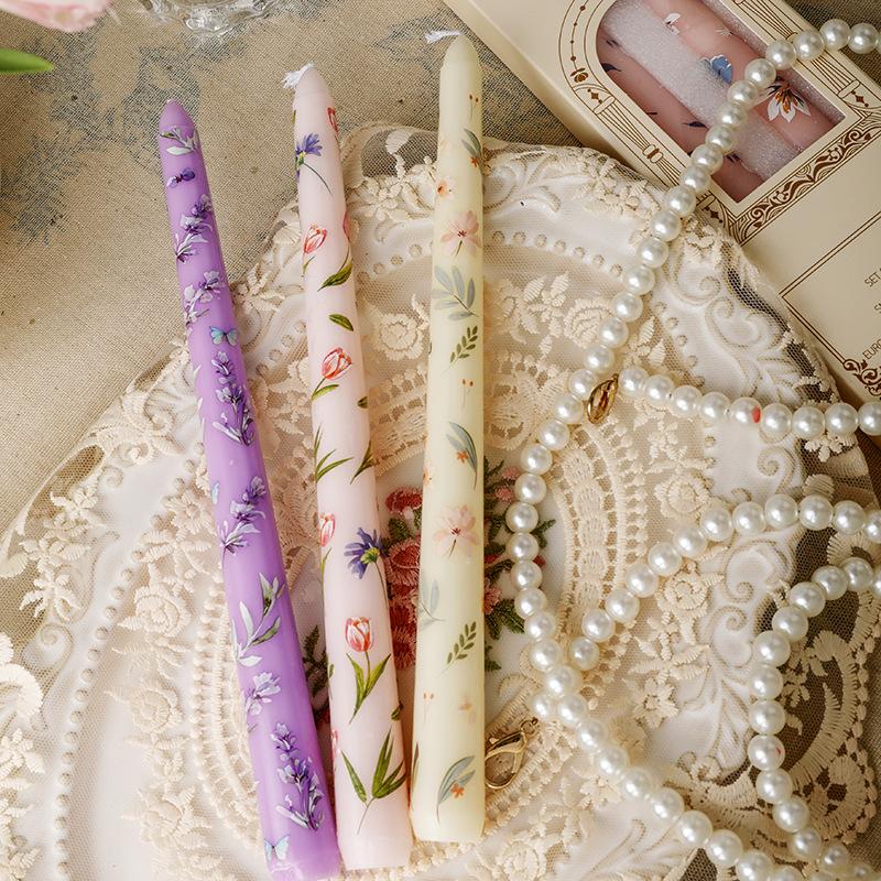 2PCS Long Candles Floral Printed Colored Taper Candle Lot Wedding Candles for Stylish Home Décor