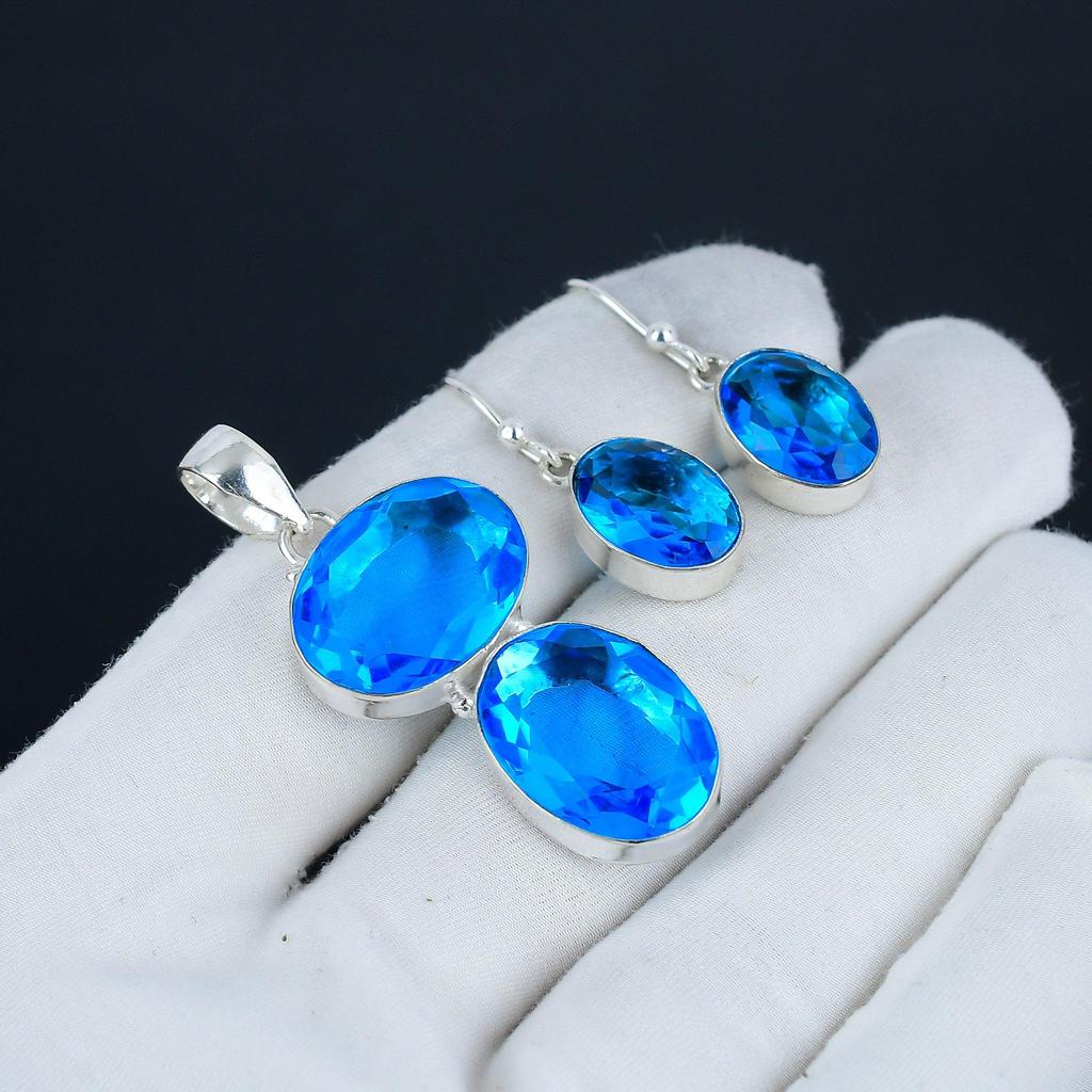 Siwss Blue Topaz Pendant Set, Siwss Blue Topaz Gemstone Handmade 925 Sterling Silver Earring Pendant Set For Women Pendant Birthday Gift