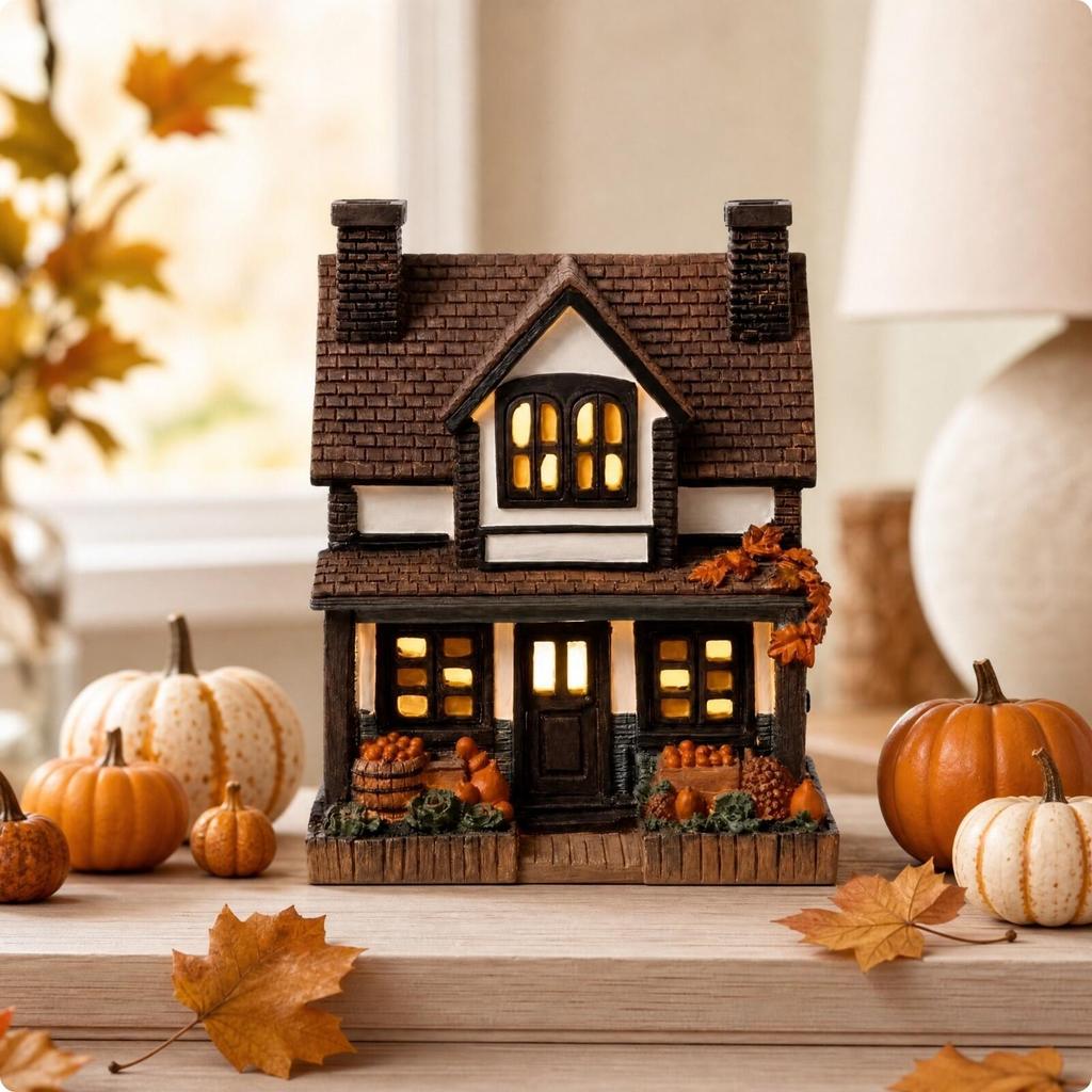 Seasonal Hand-Painted Harvest Cottage Statue Rustic Miniature Farmhouse Ornament