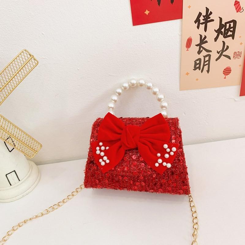 Adorable Red Shimmering Bow Pearl Children's Shoulder Bag For New Year Celebrations