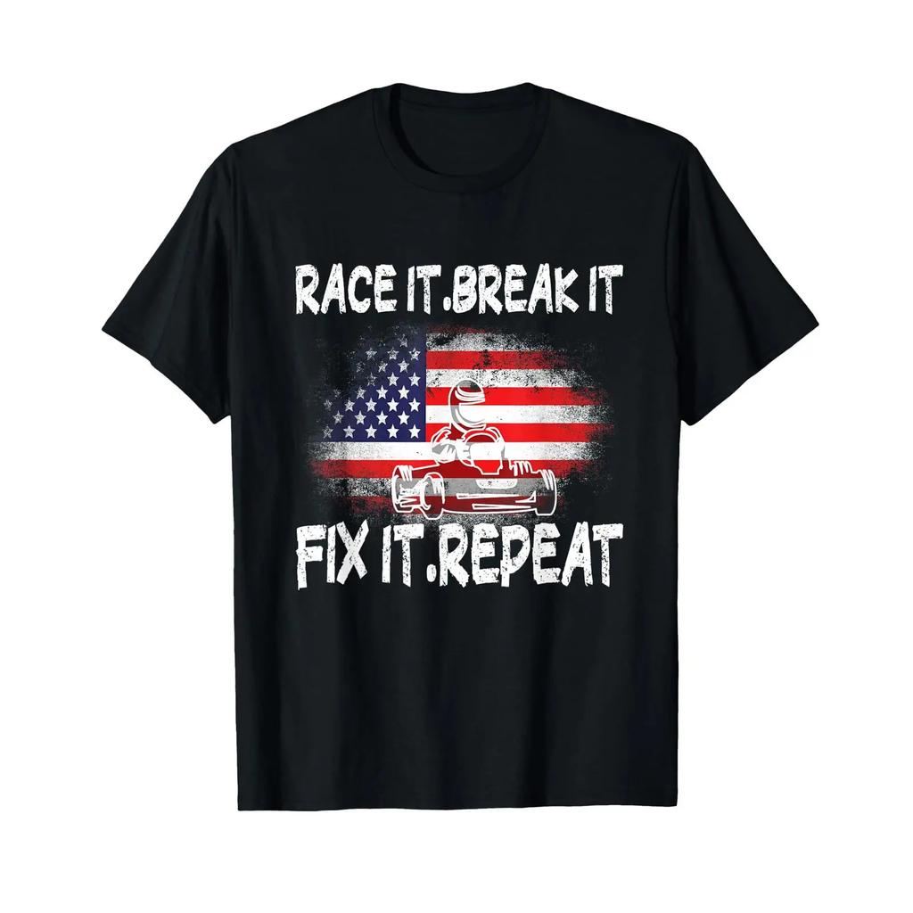 Race Break Fix Repeat Go Kart Cart Racer Gokart Racing T Shirt Vintage Washed Streetwear Soft Casual Versatile Fashion Slightly