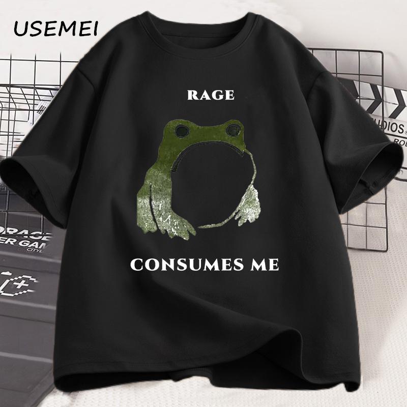 Unisexs T Shirts Funny Rage Consumes Me Frog Graphic T Shirts Vintage Cotton Short Sleeve Printed Tshirt Unisexs Clothes Streetwear