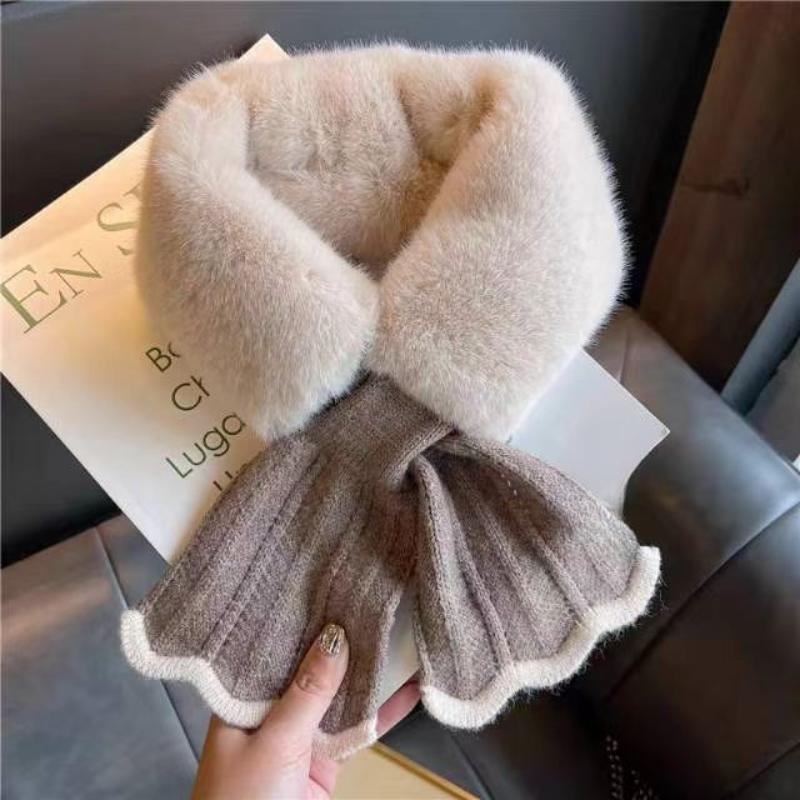 Women Winter Warm Thicken Cross Collar Neck Warmer Solid Color Faux Rabbit Fur Plush Elegant Knitted Shawl Scarfs