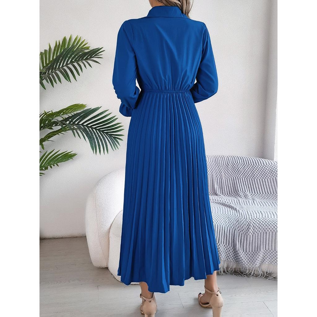 GMXIA Autumn and Winter Casual Lapel Button Long-sleeved Waist-cinching Pleated Long Dress Women's Clothing