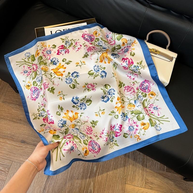 Silk scarf women's spring and autumn decoration versatile ins simple style striped square scarf streamer simulation silk fashion scarf scarf scarf